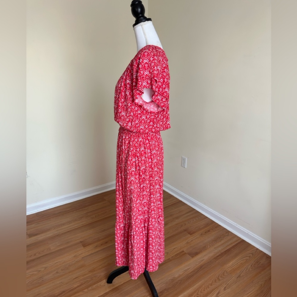 Destination 365 Maxi Dress Red White Print Flutter Sleeve Boho‎ Sz SP - Picture 4 of 10